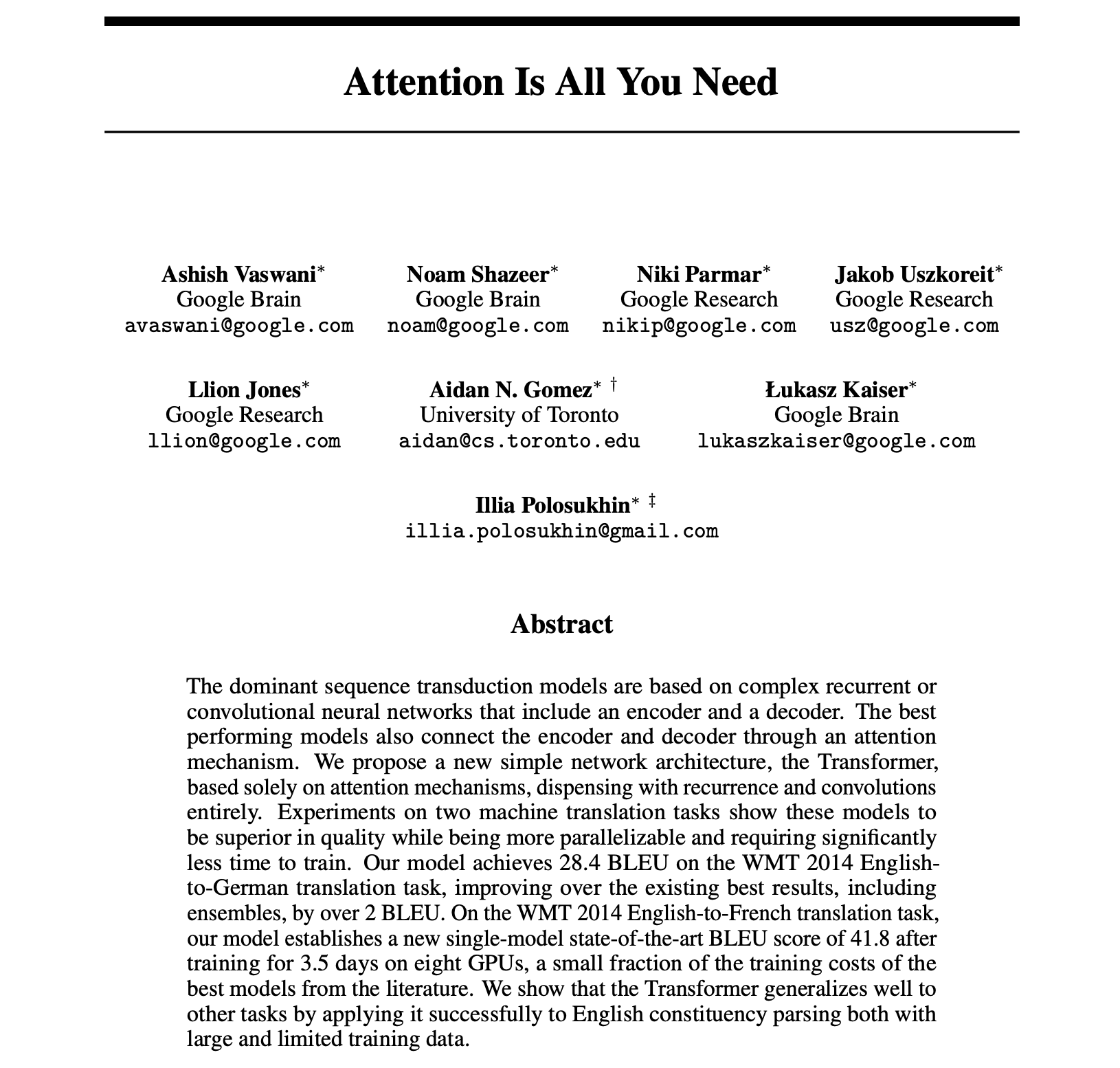 Attention Is All You Need 论文首页与摘要