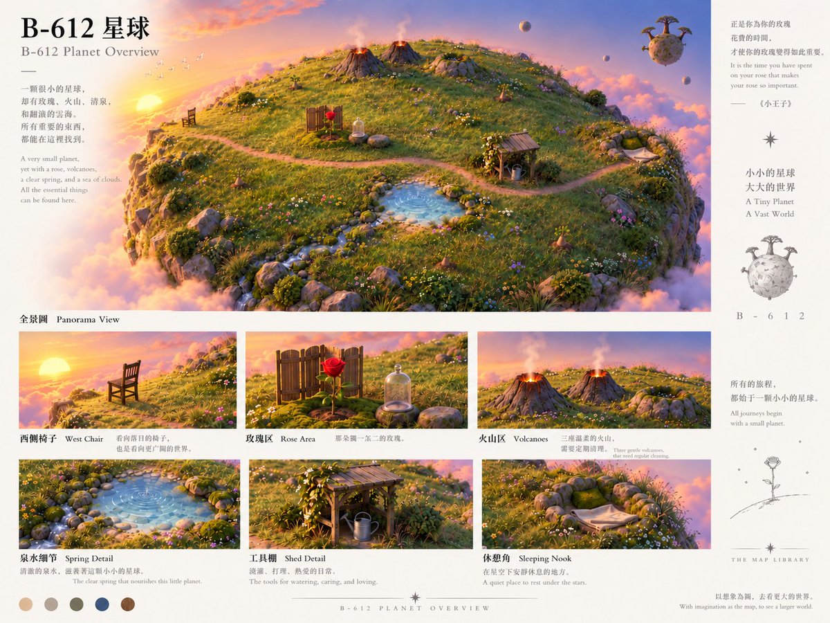 B-612 星球全景多视角与局部细节工程设定图