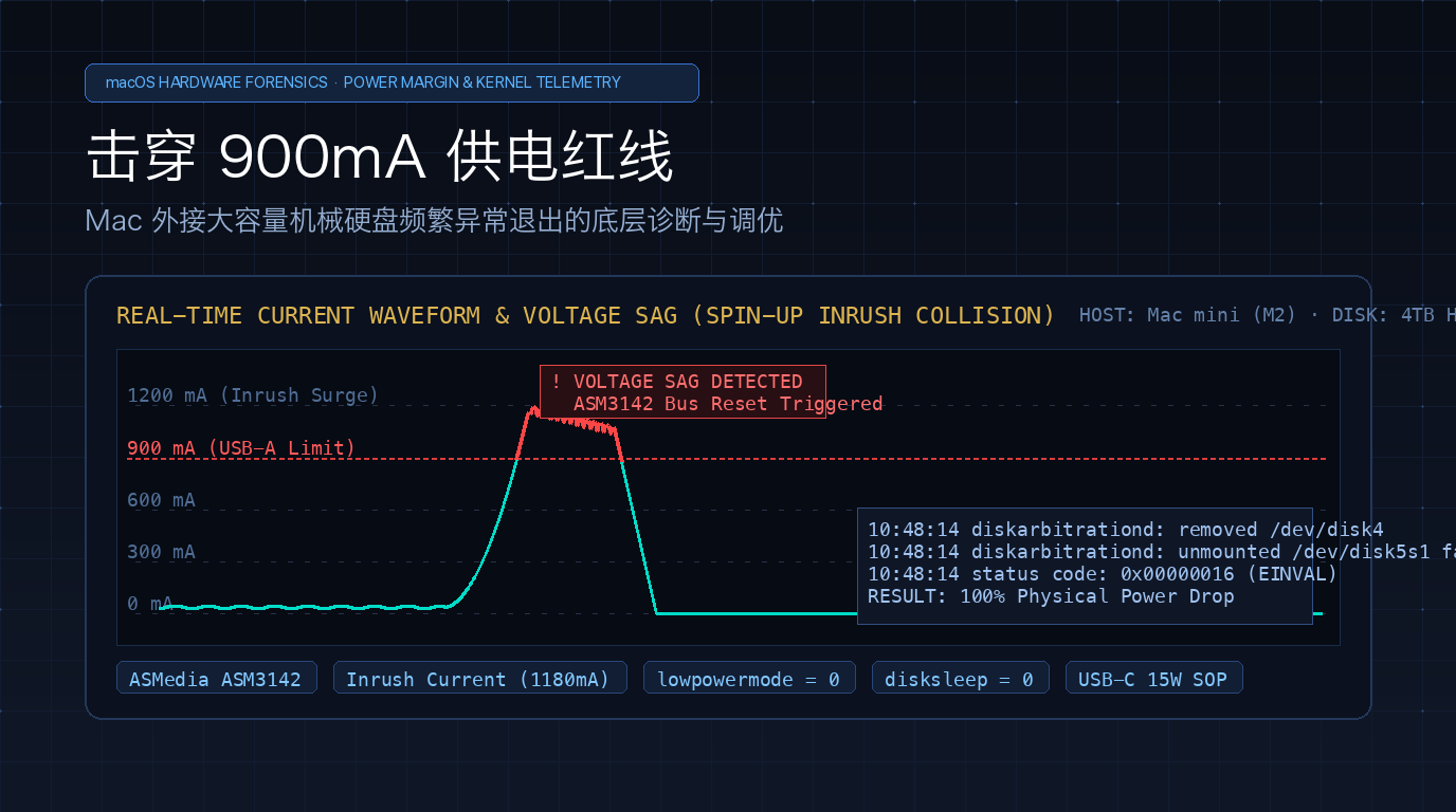 击穿 900mA 供电红线：Mac 外接大容量机械硬盘频繁异常退出的底层诊断与调优